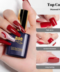 Three Piece Gel Nail Kit With Base Coat, Top Coat, And Builder Gel, 15ml Each, shown with glossy red nails.