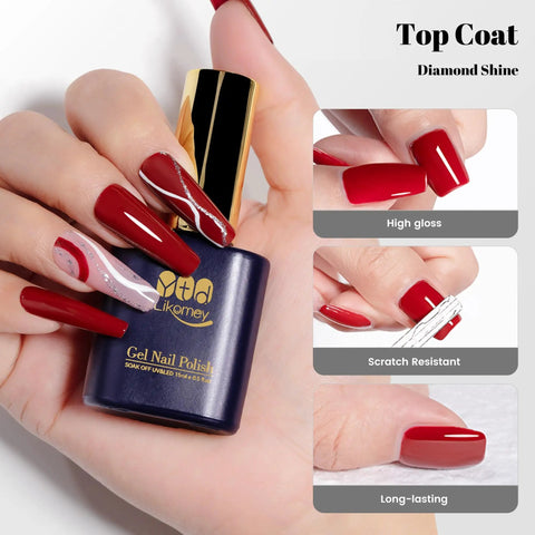 Three Piece Gel Nail Kit With Base Coat, Top Coat, And Builder Gel, 15ml Each, shown with glossy red nails.