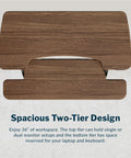 Top view of Vari Pro Plus 36 Electric Standing Desk Converter In Stylish Walnut Finish showing two-tier design for dual monitors and laptop.