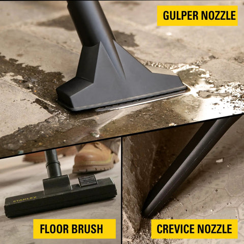 Heavy Duty Wet And Dry Vacuum Cleaner 4 HP attachments for garage and home cleanup: gulper, floor brush, crevice nozzle.