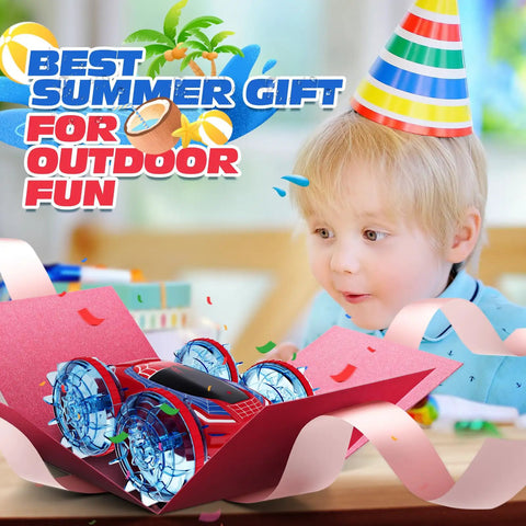Child celebrating with gift-wrapped amphibious RC car toy; Amphibious RC Car Boat With 4WD Gesture Control And Magnetic Charging 60 Minute Playtime LED Lights Waterproof Pool Toy For Kids 6 To 12 Totally Fun Gift For Boys And Girls.
