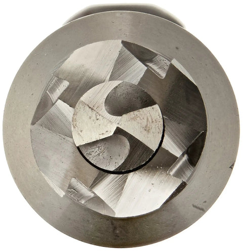 Close-up of a cutter from Three Eighth Inch Cutter Set For Hand Held Drills With One Half Inch Chuck Compatibility Includes Arbor Assembly And Extra Pilot Made Of M2 High Speed Steel USA Made Skip Proof Pilot Built For Speed And Precision, showing the cutting edges.