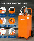 35 Gallon Fuel Caddy With Pump For Cars, Lawn Mowers, ATVs And Boats, showcasing various user-friendly features