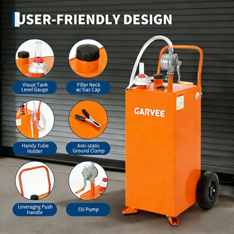 35 Gallon Fuel Caddy With Pump For Cars, Lawn Mowers, ATVs And Boats, showcasing various user-friendly features