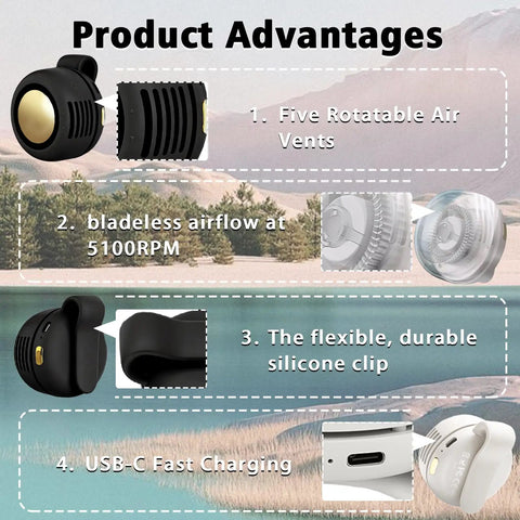 Product advantages showing features of the Ultra Light Clip On Bladeless USB Fan 360 Degree Rotatable 3 Speed Silent Mini Portable Fan