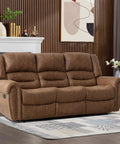Manual Recliner Sofa Set With Overstuffed Arms And High Back Faux Leather 3 Piece Couch In Nut Brown Vintage Rivet Trim