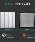 Two laser bed surfaces: 400x400mm TYVOK ribbed bed and 350x350mm mesh honeycomb bed (Other).