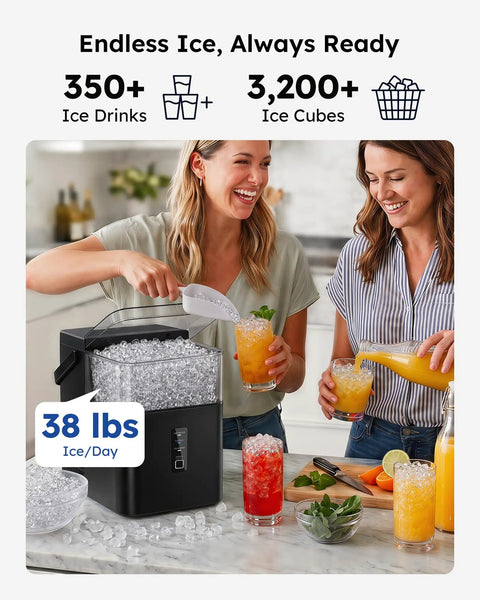 No Sweat Countertop Nugget Ice Maker With Easy Grip Handle Produces Up To 38 Pounds Of Chewable Ice Daily, women preparing drinks.