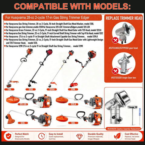 Diagram showing Husqvarna and Poulan trimmer models compatible with Bevel Gearbox Assembly For 25.4mm Shaft Trimmer Heads With 10 Tooth Bevel Gear, Beefy Replacement Part 530096295, Left Hand M10x1.25.