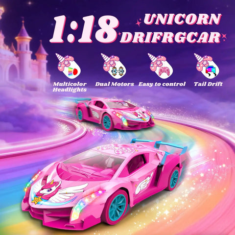 Girls Rainbow Glow Remote Control Car With Drift Wing And Unicorn Style Lights on colorful track, 1 to 18 Scale Toy Car.