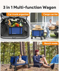 Indigo Collapsible Wagon Cart With Wheels carrying groceries in car trunk, transporting boxes, and used as bench in outdoor setting.