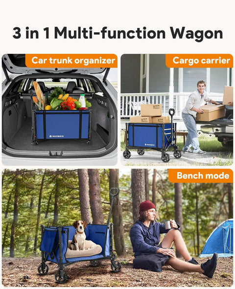 Indigo Collapsible Wagon Cart With Wheels carrying groceries in car trunk, transporting boxes, and used as bench in outdoor setting.