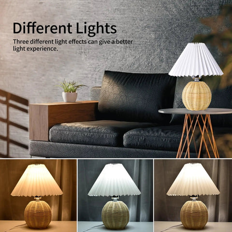 Korean Pleated DIY Ceramic Table Lamp With Rattan Accent in White for Living Room Decor showing tricolor LED bulb effects