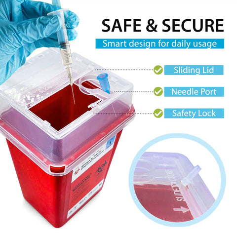 Home Safe Sharps Container 1 Quart For Easy Needle Disposal Small Biohazard Disposal Bin For Syringes Lancets Auto Injectors Blades Keeps Kids And Pets Safe, red plastic with sliding lid