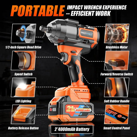 Badass Heavy 1500Nm Cordless Impact Wrench With Massive Torque And Brushless Motor Beast Includes Two 4Ah 21V Batteries displayed with features including brushless motor and speed switch.