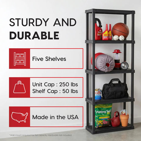 Super Slim 5 Tier Plastic Storage Shelves In Black With Zero Sweat Snap Together Build perfect for tight corners, showing five shelves.