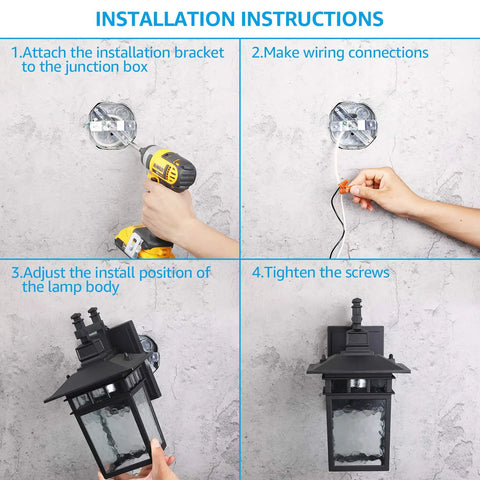 Installation instructions for Outdoor Dusk-To-Dawn Wall Light With E26 Base, showing steps and placement on a wall.