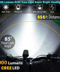 Beast Mode 8000 Lumen Bike Lights For Night Riding showcasing wide lighting angle on road with distance indicator.