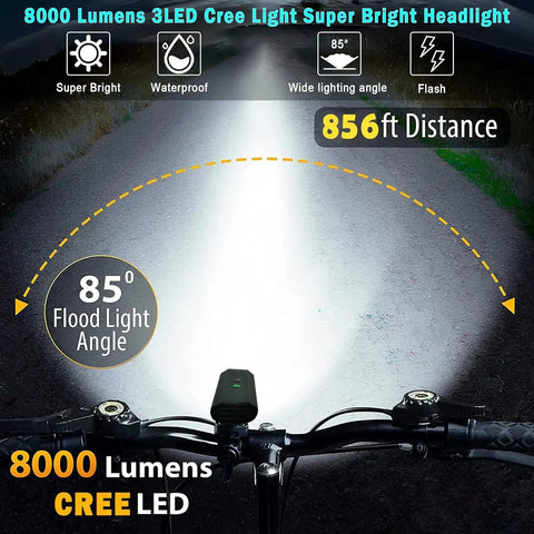 Beast Mode 8000 Lumen Bike Lights For Night Riding showcasing wide lighting angle on road with distance indicator.