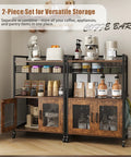 Rustic Brown Coffee Bar Cart on Wheels, 3 Tier Coffee Station Table With Pull Out Wire Basket Drawer, Five Hooks, Cabinet With Two Doors