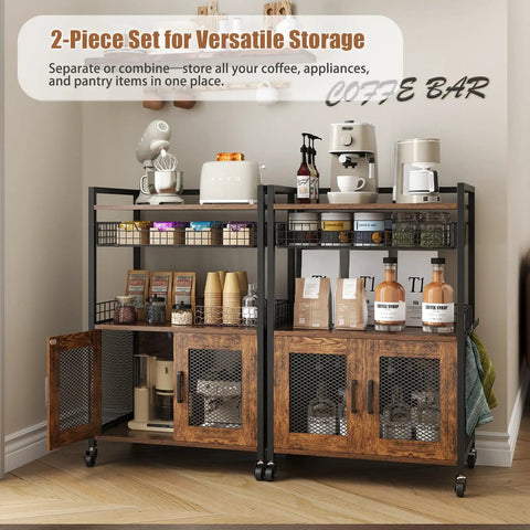 Rustic Brown Coffee Bar Cart on Wheels, 3 Tier Coffee Station Table With Pull Out Wire Basket Drawer, Five Hooks, Cabinet With Two Doors
