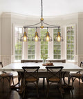 Industrial 3 Light Pendant Light For Kitchen Island With Clear Glass Shades Farmhouse Chandelier Cluster Pendant Fixture In Vintage Black Metal Frame For Dining Room over dining table