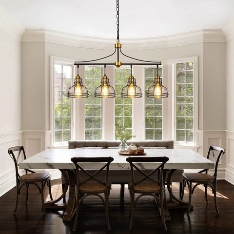 Rustic Lit 4 Light Pendant Lighting For Kitchen Island And Dining Room With Clear Glass Shades Modern Farmhouse Black Metal Chandelier