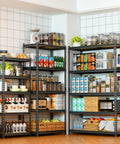 Tough As Nails 5-Tier Metal Shelving Unit Heavy Duty Storage Rack Adjustable Industrial Shelf in kitchen displaying food items and containers.