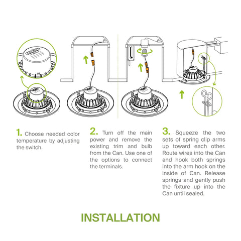 Installation diagram for 6 Inch Gimbal LED Recessed Light With White Trim, 15W 1310 Lumen Dimmable Downlight, adjustable color temp.