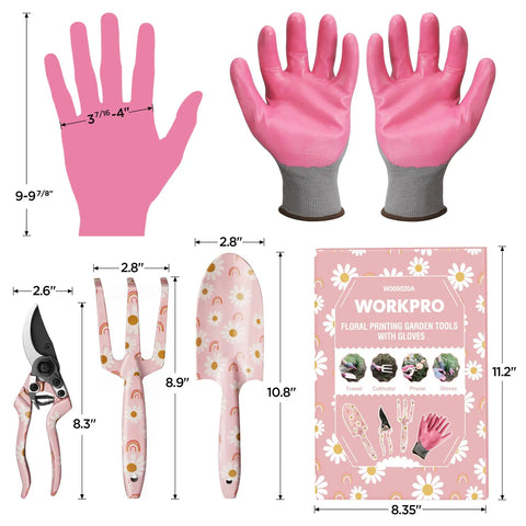 Flower Pattern Aluminum Garden Tool Set With Gloves In Pink Gift Box Three Essential Hand Tools Trowel Rake Pruner Kit