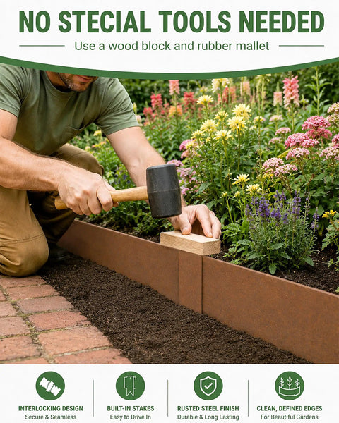 Installation of Pre Rusted Cor Ten Steel Landscape Edging Kit with 4.5 Inch Low Profile Border using hammer and wood block
