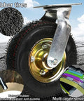 Close-up of Heavy Duty Pneumatic Swivel Caster Wheels with thick rubber tread and metal bracket, showing durable design for job site use.