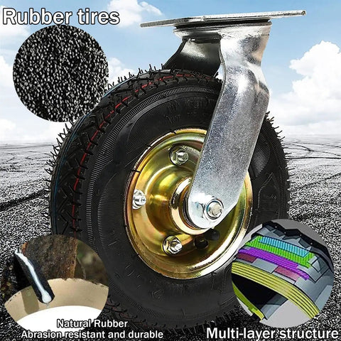 Beefy Heavy Duty Caster Wheels With Top Plate Swivel, Rubber Pneumatic Castors For Furniture, showcasing double ball bearing and tire layers.