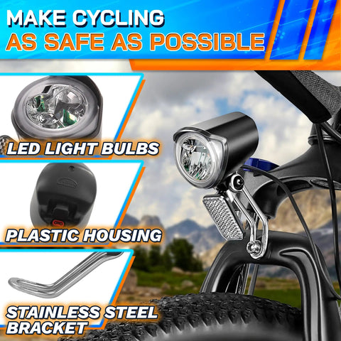 Ebike Headlight With 2 Pin Waterproof Connector For 6 To 60V Systems, Easy To Install LED Light With Stainless Steel Bracket, 20 Lm Output, Weather Resistant For Night Riding