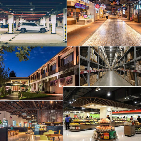 Various illuminated urban and commercial spaces showcasing different lighting applications including parking garage, warehouse, and market.