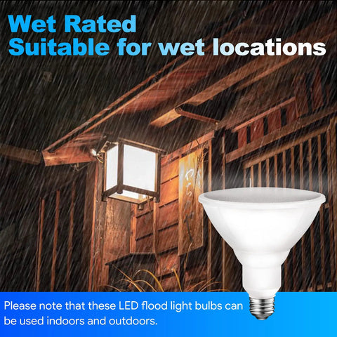 Bright Outdoor PAR38 LED Flood Light Bulb 1250 Lumen in front of wet-rated light fixture on house, showcasing outdoor use.