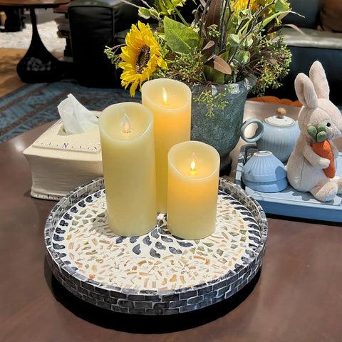 12 Inch Wooden Lazy Susan With Mother Of Pearl Inlay Smooth Spinning Turntable Serving Tray with candles and flowers on a table