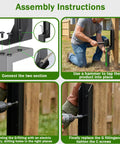 Assembly instructions for Heavy Duty Fence Post Repair Kit 2 Pack Steel Anchor Stakes, showing installation steps with tools and wood posts.