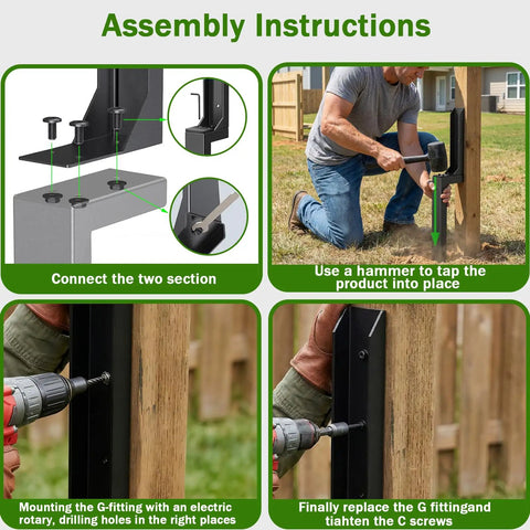 Assembly instructions for Heavy Duty Fence Post Repair Kit 2 Pack Steel Anchor Stakes, showing installation steps with tools and wood posts.