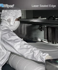 Cleanroom wipe: side view of a technician in PPE using a 6x6 inch 100% polyester wipe with laser-sealed edge