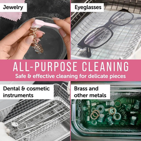 Ultrasonic Jewelry Cleaner Solution Pro Grade Concentrated Formula For At Home Cleaning Safe On Gold Silver And Gemstones shown cleaning jewelry, eyeglasses, and metals.