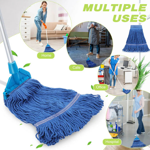 Heavy Duty Cotton String Wet Mop Heads Bulk Pack Dope Blue Replacement Sweeper Refills for Commercial and Home Floors on various surfaces.