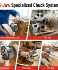 Slick Four Inch Wood Lathe Chuck Set Featuring Five Heavy Duty Jaws showcased in various uses for bowl turning and spindle work.