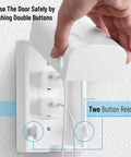Person using Kid Proof Outlet Safety Box Cover With Switch And Plug Covers Patent Pending Design Includes Outlet Box Outlet Cover Switch Cover And Three Screws For Standard And Decorative Outlets showing two-button release.