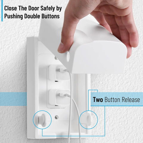 Person using Kid Proof Outlet Safety Box Cover With Switch And Plug Covers Patent Pending Design Includes Outlet Box Outlet Cover Switch Cover And Three Screws For Standard And Decorative Outlets showing two-button release.