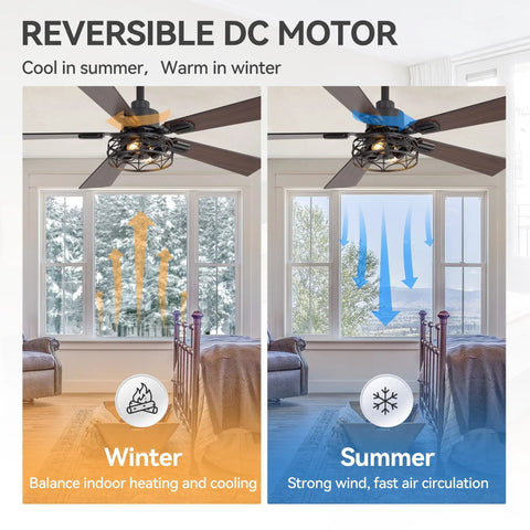 Breezary 52" Farmhouse Ceiling Fans with Lights and Remote, Industrial Ceiling Fan Cage Fandelier with Reversible DC Motor in action.