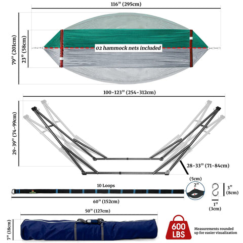 Combo Hammocks With Stand For Outdoor And Indoor Use, Heavy Duty 600 Lbs Capacity, 2 Person Set, Includes Tree Straps, Medium