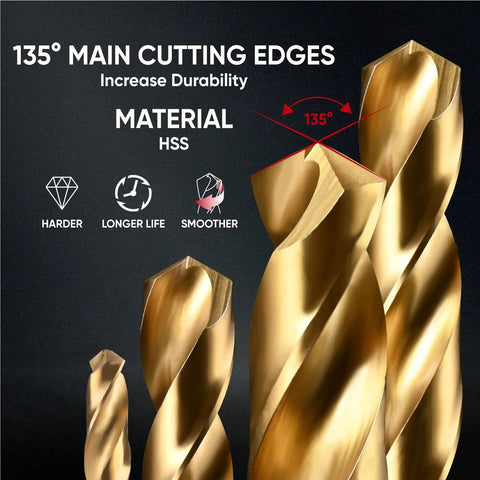 amoolo hex shank drill bit set, 13+3 pieces, HSS titanium-coated gold drill bits