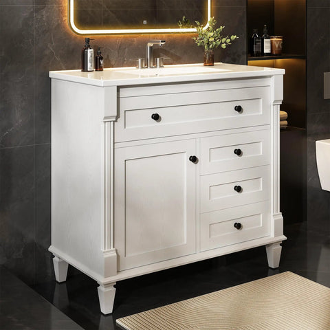 Space Saving 36 Inch Bathroom Vanity With Smooth Integrated Sink And Sturdy Adjustable Solid Wood Legs To Level Out Uneven Floors Without Sweat Plus Vintage Vibe Free Standing Cabinet With Roomy Drawers And Classic Towel Bar For Easy Morning Routines