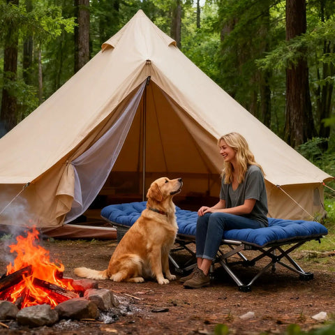 Heavy Duty Folding Camping Cot With Mattress For Adults 2 Pack Portable Sleeping Cot Beds outside tent with person and dog
